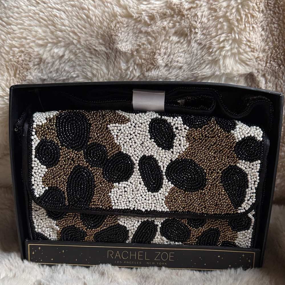 Rachel Zoe Black, White, and Gold Beaded Clutch